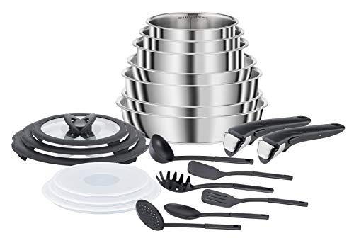 Seb Compact Inox kookgerei set, 20-delig, inductie, pannen 22/24/26 cm, potten 16/18/20 cm, stoofpan 24 cm, glazen deksel + opslag, spatel, handgrepen L953SK04