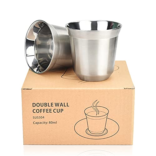 WANTOUTH 2 Pack Espresso Cups Dubbele Muur Geïsoleerde Koffie Mokken Thee Cups Roestvrij Staal Demitasse Cups Hittebestendige Espresso Koffiekopjes voor Thuis Koffiewinkel Dessert Store, 80ml (Zilver)