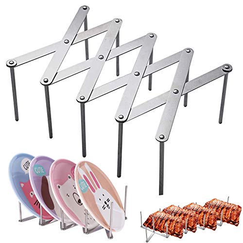 Wohlstand Verstelbare Pot Deksel Houder Pan Deksel Organizer Rack Schotelrek Reserve Rib Houder Rib Racks BBQ Rib Rack Roestvrij Staal Verstelbaar Kookgerei Rack Houdt met 4-slots Rib Rack voor Grilling Barbecue