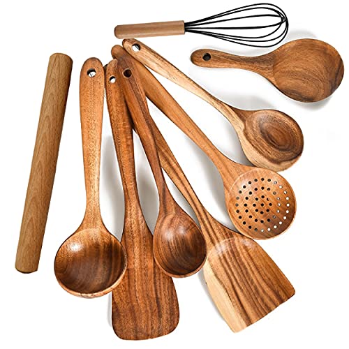 Keukenhulp, houten set, 9-delig, van teakhout, keukenhulp, houten kooklepel en spatel, houten set | keukenbestek, houten kookgerei set | houten keukenset