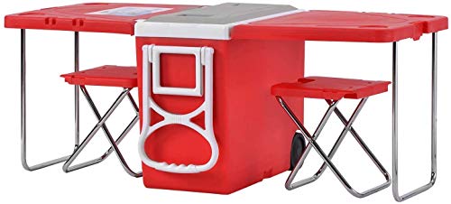 XBR Nieuwe koelbox met wielen, opvouwbare tafel, 2 krukken grote picknicktafel voor kamperen/strand/BBQ/visserij familie uitbreidbare tafel, 28L (45-Can), rood