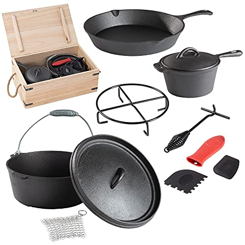 ECD Germany Dutch Oven Set 9-delig in houten kist met veel gietijzeren barbecue accessoires, BBQ, steelpan met hoog deksel, stijlpan met deksel, pan, grillplaat, potstandaard, deksel lifter, houten kist