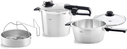 Fissler Vitavit Premium Set met snelkookpan, 5-delig (6 l - Ø 22 cm en snelkookpan 3,5 l - Ø 22 cm) met metalen deksel, glazen deksel, geperforeerde mand - geschikt voor inductie