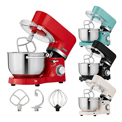 Arebos Keukenmachine, 1500 W, rood, kneedmachine met 2 roestvrijstalen mengkommen 4,5 en 5,5 liter, geluidsarm, keukenmixer met roerhaak, kneedhaak, klopbezem en spatbescherming, 6 snelheden
