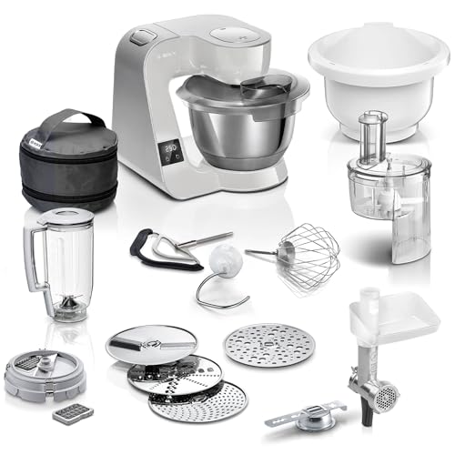 Bosch Keukenmachine serie 4 MUM5XL72, geïntegreerde weegschaal, 2 x kom 3,9 l, mixer 1,25 l, roerset, doorloopsnijder, planetaire roertandwielinrichting, vleesmolen, dobbelstenen, 1000 W, grijs/zilver