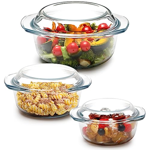 NUTRIUPS Glazen braadpan schotel, braadpan met deksel, individuele glazen ronde braadpan met deksel, mini glazen braadpan met handgrepen (set-1L+1,4L+1,7L)