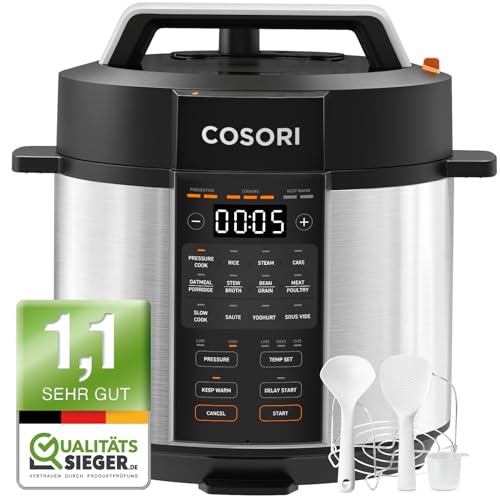 COSORI Snelkookpan, 9-in-1, multikoker met 14 functies, 5,7 l pressure cooker, rijstkoker, stoompan, yoghurtmaker, slowcooker en sous-vide, sauteerpan, receptenboek, roestvrij staal