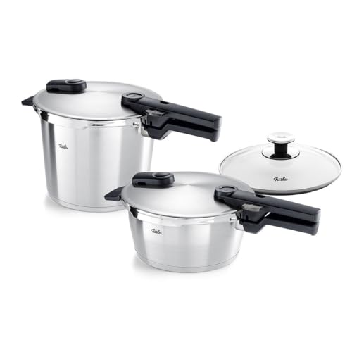 Fissler Vitaquick Premium Snelkookpannenset, 2-delig (2 snelkookpannen met metalen deksel 3,5 l + 6 liter, 1 extra glazen deksel), inductie