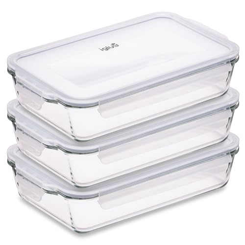 Igluu Meal Prep - Glazen Lasagne Schaal met Luchtdichte Snap Lock-Deksel - Grote Rechthoekige Oven Schaal - BPA-Vrij, Magnetron, Vriezer & Vaatwasserbestendige Ovenschaal 2.2L - set van 3