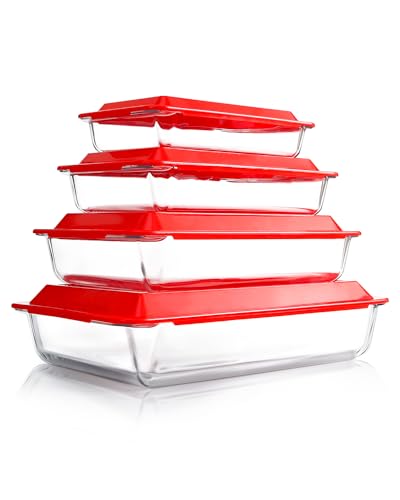 Set van 4 glazen ovenschaal met deksels, lasagne schotel set, lasagne gerechten voor oven, rechthoekige glazen bakschalen (1,0+1,7+2,8+4,2L)