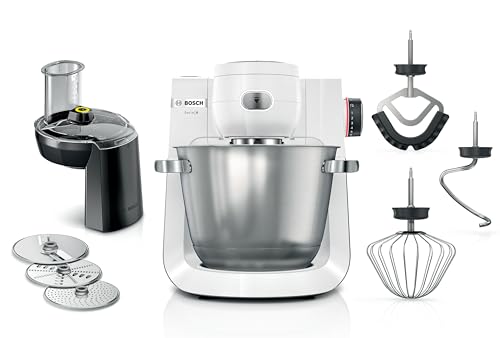 Bosch Keukenmachine serie 6 MUMS6EW13D, 7 snelheden, 5,5 l kom, doorloopsnijder, 3 schijven, kneedhaak, garde, siliconen bezem, vaatwasmachinebestendig, 1600 W, zilver/wit