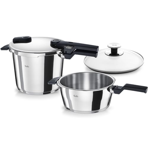 Fissler Vitaquick 3-delige snelkookpannenset (2 snelkookpannen met 3,5 l en 6 l metalen deksel, 1 extra glazen deksel) inductie
