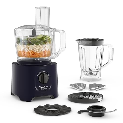 Moulinex Easy Force Multifunctionele keukenmachine, 800 W, 25 functies, 2 snelheden + pulse, 6 accessoires, inclusief 1 blender, Compact FP247810, nachtblauw