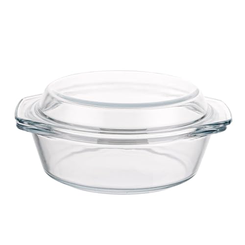 YAYODS Glazen ovenschaal met deksel, 650 ml, kleine ronde ovenschaal, 17,5 cm, magnetronservies, glas met deksel, met handgrepen, voor fruitsalade, vlees, magnetron, oven