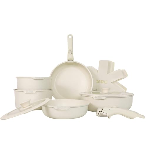 YASHE 13 STKS Potten en Pannen Set Non Stick, Inductie Kookgerei Set, Keuken Kookgerei Sets met Afneembare Handvat, Vaatwasser & Oven Veilig, Crème Wit