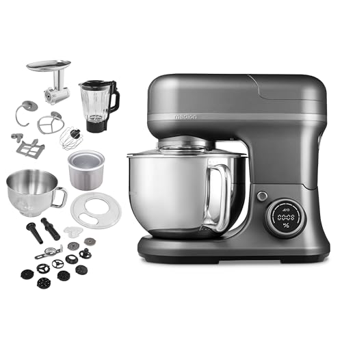 MEDION 4 in 1 universele keukenmachine (1200 watt, 8 standen, mengen kneden roeren hakken, ijskom voor het bereiden van ijs, digitaal display, MD18440) Titanium