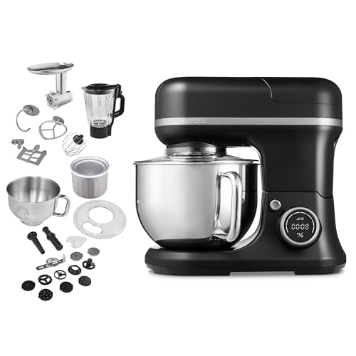 MEDION 4 in 1 universele keukenmachine (1200 watt, 8 standen, mengen kneden roeren hakken, ijskom voor het bereiden van ijs, digitaal display, MD18440) zwart