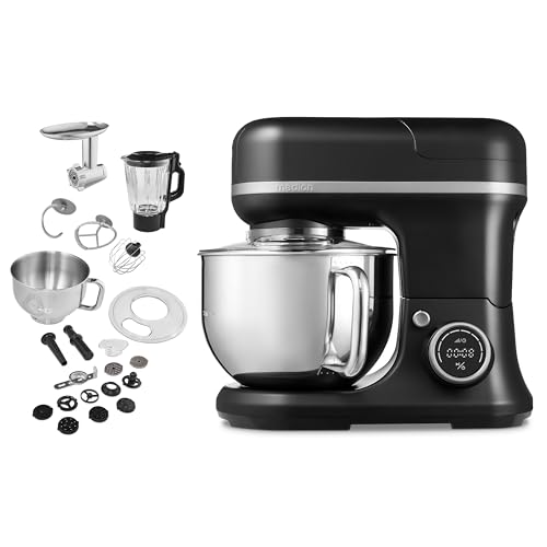 MEDION 3 in 1 universele keukenmachine (digitaal, 1200 watt, 8 standen, mengen kneden roeren hakkenmolen, ijskom voor het bereiden van ijs, digitaal aanraakscherm, MD18430) zwart