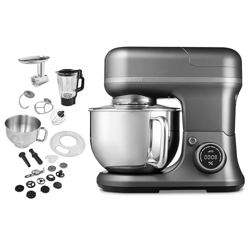 MEDION 3 in 1 universele keukenmachine (digitaal, 1200 watt, 8 standen, mengen kneden roeren hakkenmolen, ijscoupe voor het bereiden van ijs, digitaal aanraakscherm, MD18430) Titanium