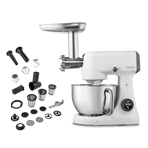 MEDION keukenmachine met hakmolen (800 watt, gelijkstroommotor, roestvrijstalen kom van 4,6 liter, energiebesparend, ultrastil, digitaal sensor-touch-display, MD12600) Wit