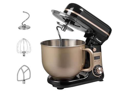 Bestron Keukenmachine, Super Silent (65db) 4-1 keukenmachine met DC-motor, 6 liter mengkom, incl. kneedhaak, garde en deegrager, 6 snelheden + pulsfunctie, kleur: beige