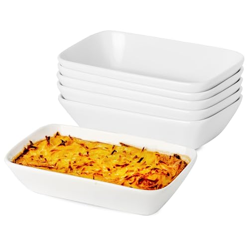 Porseleinen ovenschaal, 6-delige set, 400 ml rechthoekige porseleinen bakvormen voor 1 portie, kleine ovenschaal voor lasagne, tiramisu & ovenschotel, crème brûlée, bakvormset voor 1 persoon, 18 x 11