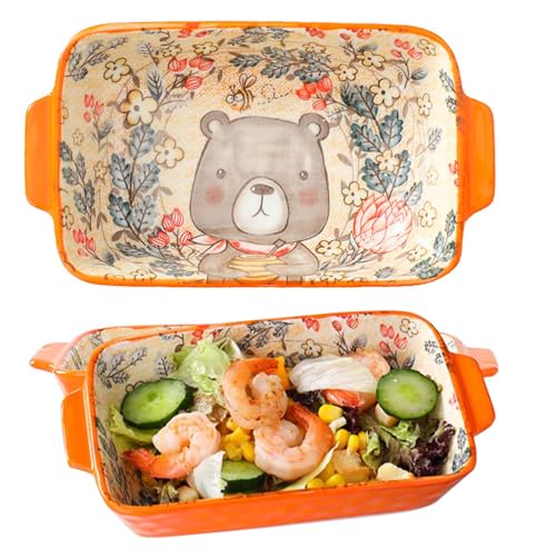 Kleine keramische ovenschaal, rechthoekige ovenschaal met handgrepen, oven- en magnetronbestendig, antiaanbaklaag bakvorm voor crème brûlée, lasagne, tiramisu en pudding (oranje)