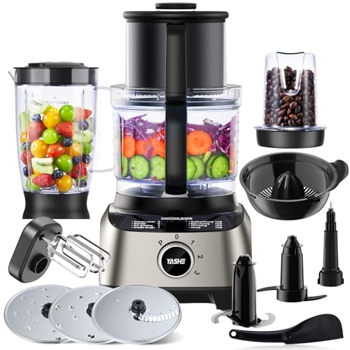 YASHE Multifunctionele keukenmachine, 11-in-1 blender, blender, hakmolen, sapcentrifuge en deegmachine met 2,5 l kom en 1,5 l mengbeker, 1300 W, 3 snelheden, pulsfunctie, veiligheidsvergrendeling