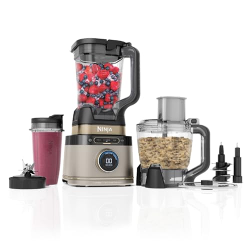 Ninja 3-in-1 Detect Power Blender Processor Pro, Krachtige 1200W-Blender, Keukenmachinekom, Deegmes, 3x Bekers Voor Eén Portie, Kan, Maak Pizzadeeg, Blend, Hak & Mix, Steengouden, TB401EUSTGD